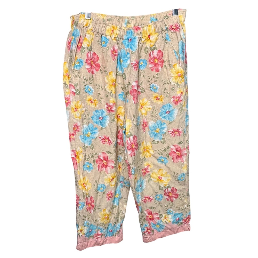 Erika S Beige Floral‎ Linen Blend Pull On Cropped Boho Cottagecore Casual Pants